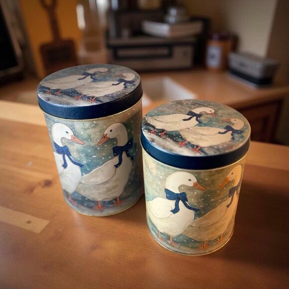 Vintage Decorative Tin Canisters W/ Geese & Blue Bows - Picture 2 of 6
